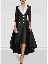 preiswerte Bodenlänge-Schwarz-weiß Blazer Dress A-Linie Mutter der Braut Kleid Elegant Revers Asymmetrisch Knöchellang Satin Langarm mit Farbkombination