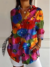 cheap Floral Tops-Women&#039;s Shirt Floral Graphic Abstract Vintage Tropical Daily Long Sleeve Shirt Collar Regular Tops Work Daily Holiday Buttons Print Red Blue Orange Green Summer Spring