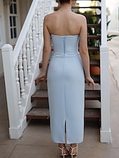 abordables Vestidos de cóctel-Vestidos Cóctel Azul Corte  Columna Capa Desmontable Crepé Elástico Vestido Elegante Formal Boda Largo de Té Sin Mangas Fuera de los Hombros con Encaje de Perlas Florales