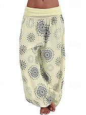 baratos perna larga e cintura alta-Mulheres Calças Calças Harem Calça Palazzo Moda Boho Comprimento total Cintura Média Imprimir Cintura elástica Confortável Micro-Elástica Rua Roupa Diária Para Noite Preto Amarelo Verde Tropa Azul