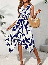 preiswerte Elegante Blumenkleider-Damen Midikleid Blumenkleid Druckkleid Mode Klassisch Modern Outdoor Urlaub Täglich Normale Passform Blume Ärmellos V Ausschnitt Rosa Blau Aprikose Sommer