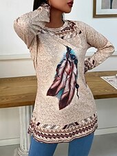 billige Boho t-skjorte-Dame T skjorte Blomstret Bohem Årgang Mote Langermet Crew-hals Lange topper Daglig Ut på byen Helg Trykt mønster Kakifarget Vår, Høst, Vinter, Sommer