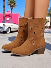 billiga Cowboy &amp; Western Boots-damstövlar i westernmocka med stjärnutskurna klackar – retrostövlar med grov klack i cowboystil för musikfestivaler, rodeos och vardagliga outfits