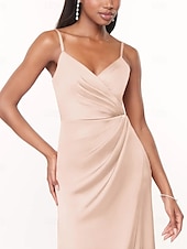cheap Bridesmaid Dresses-A-Line Bridesmaid Dress V Neck / Spaghetti Strap Sleeveless Elegant Floor Length Charmeuse with Split Front / Ruching