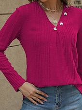 preiswerte Einfarbige Farben-Damen Bluse Einfach Modern Lässig Langarm V Ausschnitt Normale Oberteile Täglich Ausgehen Knöpfe Schwarz Blau Fuchsie Braun Grün Herbst