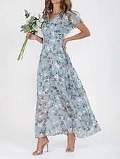 abordables Robes fleuries-Femmes Robe maxi Robe trapèze Vacances Occasionnel Boho Extérieur Sortir Coupe Standard Fleuri Manche Courte Col en V Bleu Ciel Bleu Fuchsia Vert Été