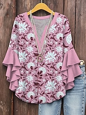 billige Blomstrete topper-Dame Bluse Blomstret Grafisk Daglig Stilfull Fritid 3/4 ermer V-hals Vanlige topper Daglig Ferie Ferieklær Trykt mønster Rosa Blå Lilla Grønn Sommer Vår