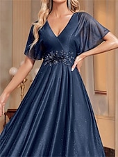 preiswerte BLAU-A-Linie Quinceanera Kleider Elegantes Kleid Formelle Hochzeit Bodenlang Kurzarm V-Ausschnitt Chiffon mit Falten