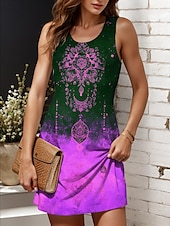 preiswerte Boho Kleider-Damen Minikleid Sommerkleid A Linie Kleid Urlaub Lässig Boho Outdoor Party Täglich Normale Passform Grafik Geometrisch Stammes Ärmellos U-Ausschnitt Weiß Gelb Rosa Blau Sommer Frühling