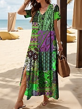 abordables Robes Boho-Femmes Robe Midi Robe d&#039;Été Robe trapèze Robe d&#039;été Bohème Vacances ancien Coupe Ample Fleuri Graphique Paisley Manche Courte Col en V Jaune Bleu Violet Vert Été Printemps Automne
