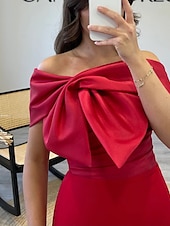 preiswerte Cocktailkleider-Rotes Etuikleid  Column Cocktailkleider Elegante Formelle Hochzeitsgast knöchellang ärmellos Off-Shoulder Satin mit Schleife(n)