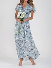 abordables Robes fleuries-Femmes Robe maxi Robe trapèze Vacances Occasionnel Boho Extérieur Sortir Coupe Standard Fleuri Manche Courte Col en V Bleu Ciel Bleu Fuchsia Vert Été