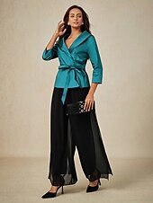 billiga Dressiga toppar-Dam Blus Kvällstoppar Elegant Metallisk Stylish 3/4 ärm V-hals Vanliga toppar Bröllopsgäst Kvällsfest Semiformell knyt fram Djupblå Vår, Höst, Vinter, Sommar