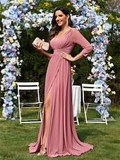 preiswerte Rosa-A-Linie Quinceanera-Kleider Elegant Kleid Formell Hochzeit Bodenlang Langarm V Ausschnitt Chiffon Ladderback-Rückenausschnitt mit Falten 2025