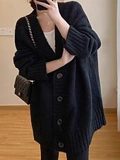 preiswerte Einfarbiger Cardigan-Damen Pullover Strickjacke Mode Einfarbig Gerippt V Ausschnitt Knöpfe Gestrickt Langarm Normale Oberteile Stricken Täglich Ferien Ausgehen Schwarz Dunkelgray Herbst