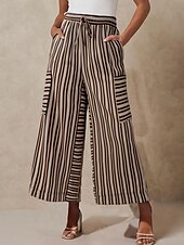 abordables pierna ancha y cintura alta-Mujer Perneras anchas Chinos Moda Ropa de calle Longitud total Alta cintura A Rayas Bolsillo Cintura elástica Estampado Confortable Suave Cómodo Microelástico Exterior Calle Azul Naranja Marrón Verde