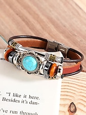 preiswerte Herrenschmuck-Türkisfarbenes Lederarmband für Herren mit Totenkopf und Metallakzenten, Bohème-Western-Stil, perfekt für die Freizeit und den Alltag