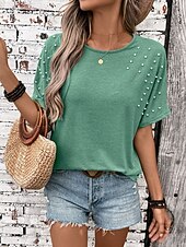 abordables T-shirt uni-Femmes T-shirt Uni Mode Élégant Classique Manche Courte Col ras du cou Hauts Réguliers Quotidien Week-end Patchwork Vert Été Printemps