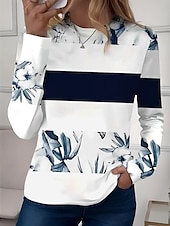 billige Blomster t-skjorte-Dame T skjorte hav Fritid Langermet Crew-hals Vanlige topper Daglig Ut på byen Helg Trykt mønster Hvit / Svart svart+hvit+blått Hvit Rosa Rød Sommer Vår