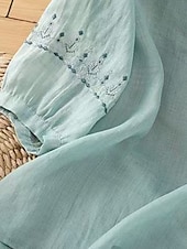 billige Skjorter-Dame Skjorter i bomullslin Helfarge Grunnleggende Fritid 3/4 ermer Crew-hals Vanlige topper Daglig Broderi Knapper Rosa Blå Aprikos Sommer