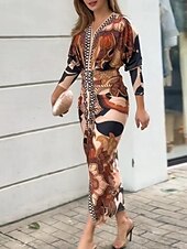 billige Boho-kjoler-Dame Midikjole Wrap-kjole Ferie Fritid Bohem utendørs Ut på byen Strand Løstsittende Blomstret Grafisk Paisly Langermet V-hals Oransje Sommer Vår