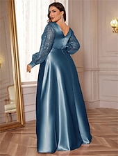 abordables VERT-Robe A-Line Grande Taille Élégante Robe Courbe De Mariage Formelle Longue Au Sol Manches Longues Col en V En Polyester Avec Plis 2025