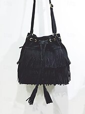 tanie Torby na ramię-damska torebka typu wiaderko ze sztucznego zamszu z frędzlami – boho torebka typu crossbody ze ściągaczem na niezobowiązujące wyjścia, festiwale i codzienne noszenie