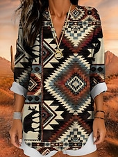 billige Kvinne Boho Topper-Dame Bluse Nyanse Grafisk Dyr Bohem Årgang Tropisk Langermet V-hals Vanlige topper Daglig Ferie Strand Klær Trykt mønster Rød Blå Lilla Grønn Sommer Vår