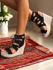cheap Vacation Sandals-Women&#039;s Black Lace-Up Wedge Sandals with Espadrille Platform – Summer Casual Peep Toe Shoes for Beach Vacations, Outdoor Parties, and Daily Wear