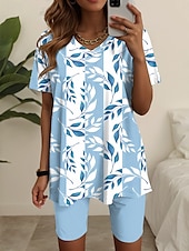 abordables Ensembles courts pour femmes-Femmes Mode T-shirt Ensembles de Shorts Manche Courte Col en V Fleuri Graphique Imprimé Décontracté Quotidien Bleu Violet Vert Été Coupe régulière