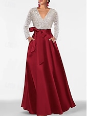 baratos PRETO-Vestido de noite elegante e formal com lantejoulas, corte A, para convidada de casamento, comprimento até o chão, manga comprida, decote em V, bolso, cetim com fenda brilhante 2025