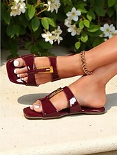 abordables Sandales de Robe-Sandales plates à bride en T en cuir verni pour femmes avec boucle dorée pour les rendez-vous décontractés et le style urbain estival