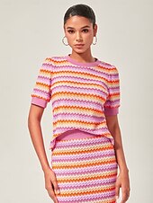 billige Bluser og skjorter-oransje stretch-topp med fargeblokker