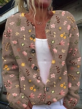 preiswerte Grafische Muster und Details-Damen Pullover Strickjacke Elegant Mode Streetwear Blumen Rundhalsausschnitt Tasche Gestrickt Druck Langarm Normale Oberteile Stricken Outdoor Täglich Wochenende Weiß Blau Herbst Winter