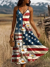 ieftine Rochie de Ziua Independenței-Rochie maxi patriotică pentru femei rochie în linie A rochie tip slip pentru vacanță casual grafic cu steagul american fără mâneci cu decolteu în V bretele spaghetti galben deschis roșu bleumarin