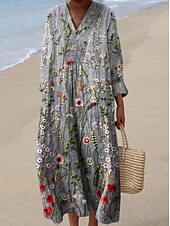 preiswerte Blumenkleider-Damen Midikleid Sommerkleid A Linie Kleid Urlaub Lässig Boho Party Ausgehen Strand Blumen Grafik Abstrakt Langarm V Ausschnitt Asche Weiß Gelb Rosa Sommer Frühling