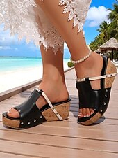 abordables Sandales de Vacances-Sandales compensées en liège noir et blanc pour femmes avec des accents de strass, chaussures d&#039;été décontractées à enfiler pour les sorties à la plage et les tenues de vacances