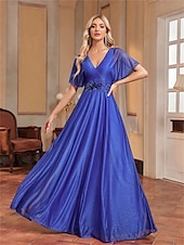 preiswerte BLAU-A-Linie Quinceanera Kleider Elegantes Kleid Formelle Hochzeit Bodenlang Kurzarm V-Ausschnitt Chiffon mit Falten