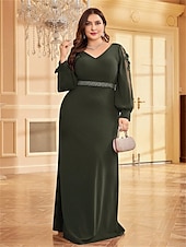 preiswerte BLAU-A-Linien Plus Size Kleider Elegantes Kurvenkleid Formelles Hochzeitsbodenlänges Langärmel V-Ausschnitt Chiffon mit Perlen 2025