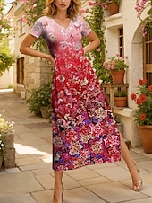 cheap Floral Dress-Women&#039;s Maxi Dress Casual Dress Sundress A Line Dress Elegant Vacation Casual Beach Regular Fit Ombre Floral Graphic Short Sleeve V Neck Magenta Red Blue Purple Summer Spring
