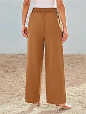 billiga breda ben och hög midja-Dam Brett skaft Byxor Streetwear Ledigt Fullängd Hög midja Ensfärgat Ficka Mateial som andas Mjuk Microelastisk Semester Gata Dagliga kläder Svart Röd Brun Kaki Vår Höst Normal