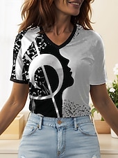 billige Stripe og geometrisk t-skjorte-musikk festival Dame T skjorte Grafisk Geometrisk Årgang Stilfull Klassisk Kortermet V-hals Vanlige topper Daglig Ut på byen Strand Klær Trykt mønster Svart og Hvit Hvit / Svart Sommer Vår
