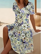 preiswerte Blumenkleider-Damen Midikleid T-Shirt-Kleid Sommerkleid A Linie Kleid Urlaub Lässig Strand Ausgehen Strand Normale Passform Blumen Grafik Kurzarm V Ausschnitt Graues Rosa Hellgrün Blau Purpur Sommer Frühling