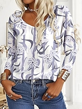abordables T-shirt floral-Femmes T-shirt Fleuri Graphique Abstrait ancien Élégant Occasionnel manche longue Col en V Hauts Longs Quotidien Week-end Imprimé Violet Vert Kaki Printemps