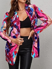 billiga Blazers och kostymer-Dam Kavaj Bekväm Andningsfunktion Mönster Modern Ledigt Geometrisk Kontor Gata Ledigt Dagliga kläder Enkelknäppt Normal Nedvikt Lös passning Långärmad Ytterkläder Blå Purpur Fuchsia Sommar Vår