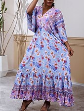 preiswerte Ausgefallene Kleider-Damen Langes Kleid Maxikleid Freizeitkleid Schwingkleid Boho-Kleid Westernkleid Elegant Mode Romantisch Outdoor Urlaub Party Normale Passform Blume Langarm V Ausschnitt Blau Frühling Herbst