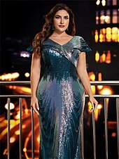 economico BLU-Abiti da Mare  Tromba Taglia Plus Elegante Abito Curve Formale per Matrimonio Lunghezza Della Terra Manica Corto Collo A V Poliestere Retro A V con Paillettes 2025