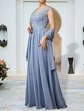 economico Abiti da sposa-Linea ad A Abiti per invitati a matrimoni Elegante Vestito Ospite di nozze Fidanzamento Lunghezza al pavimento Senza Maniche Scollo a V Chiffon con Applicazioni Scialle 2025