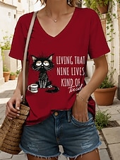 economico Maglietta di Umorismo &amp; Citazioni-Per donna Maglietta Grafico Animale Gatto Vintage Elegante Classico Manica Corta Scollo a V Top Regolari Quotidiano Stampato Nero Bianco Rosa Rosso Blu Estate Primavera