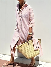 abordables concevoir des robes en coton et lin-Femmes Robe Midi Robes inspirées du lin Robe Chemise Robe Décontractée Mode Moderne Quotidien Plage Week-end Coupe régulière Rayé manche longue Col de chemise Rose Claire Marron clair Bleu Ét